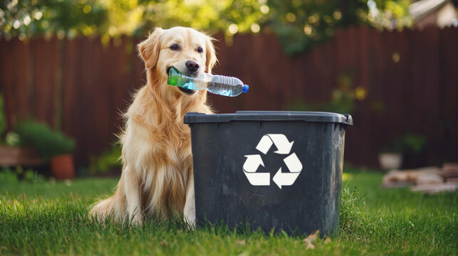 Golden retriever holds plastic bottle beside recycling bin outdoors, promoting environmental awareness, pet training, and eco-friendly behavior in a backyard setting.