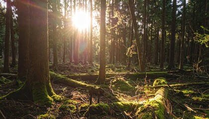 Sunlight streams through a lush forest, illuminating mossy ground and dense tree canopy
