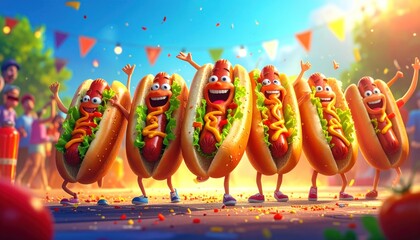Anthropomorphic hotdogs celebrate in a sunny, colorful outdoor festival scene