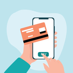 Hand holding smartphone online payment on mobile phone with credit card or debit card of secure payment and money transfer, digital payment concept vector illustration.