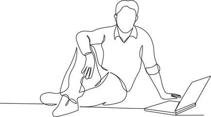 A man sits on the floor with a laptop beside him sketch in continuous line drawing style. Minimalist black linear sketch isolated on white background. Vector illustration