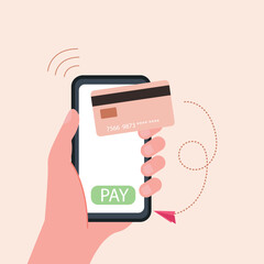 Hand holding smartphone online payment on mobile phone with credit card or debit card of secure payment and money transfer, digital payment concept vector illustration.