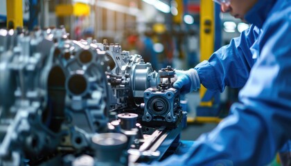 Fototapeta premium Precision engine component assembly in a manufacturing facility.