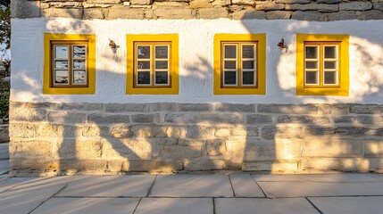 Stone House Exterior Four Windows Yellow Frames Sunlight Shadows