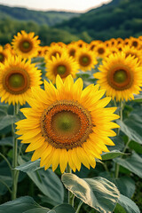 Fototapeta premium Bright yellow sunflowers in full bloom in a summer field, close-up with lush green leaves and soft mountain background.
