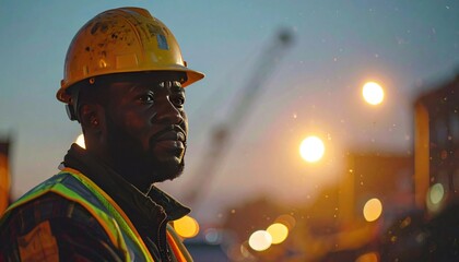Construction worker looks onward at dusk