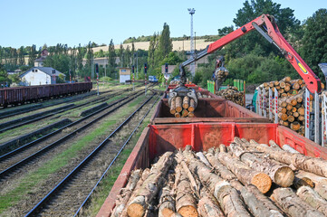 Heavy machinery loads logs onto train cars at a railway yard, depicting the industrial process and logistical complexities involved in transporting raw materials