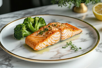 Grilled salmon fillet with herbs served with broccoli on a white plate, elegantly presented on a marble countertop with a fresh and healthy appeal.