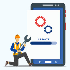 Software and system under maintenance concept. Software upgrade process on smartphone. Technician update operation system on smartphone.