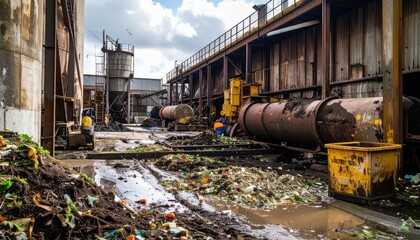 Industrial composting site with workers, waste piles, and metal structures