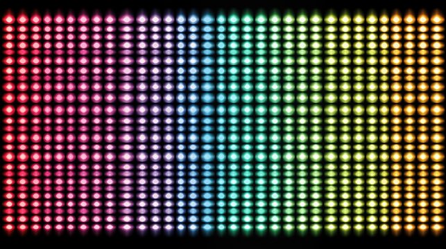 Colorful, vibrant LED light display in a grid pattern, showing a spectrum of hues