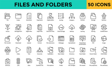 Files and Folders icons set with file, folder, document, paperwork, organization, sorting, category, archive, storage, retrieve icon. Simple line vector 
