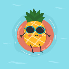 Smiling pineapple cartoon floating in pool with sunglasses. Fun tropical summer vacation illustration.