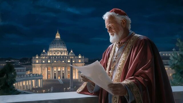 Cardinal announcing the new pope from a balcony in golden hour light