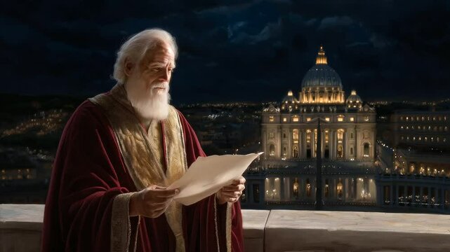 Cardinal announcing new pope at balcony overlooking crowd