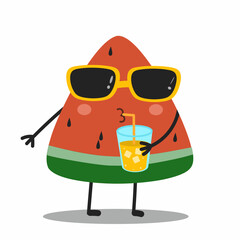 Cool watermelon cartoon character wearing sunglasses and drinking juice. Fun summer fruit concept illustration. Cute watermelon character