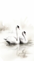 Two swans chinese ink animal white bird.