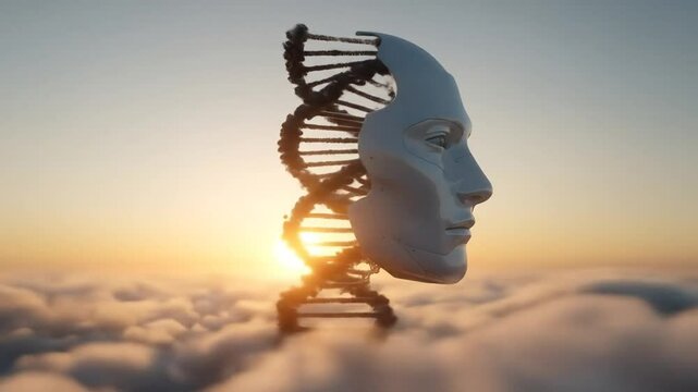 Digital Representation of Human Intelligence Intertwined with DNA Helix Above Clouds at Sunrise. - Powered by Adobe