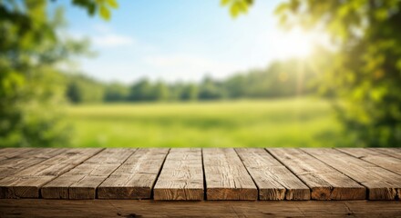 Rustic wooden table overlooking sunlit green summer landscape in the countryside