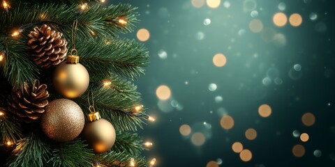 Obraz premium Illuminated Christmas Tree with Rustic Ornaments and Festive Glitter on a Blurry Background