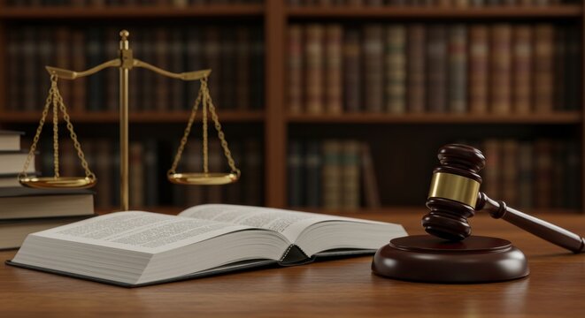 Judge's gavel and legal books on desk in law library