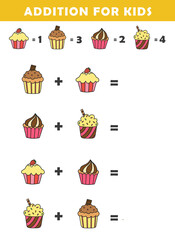 Addition for Kids. Fun Math Logic Puzzles for Kids. Math Game with Cute Cupcake Cartoon. Math Activities for Children.	
