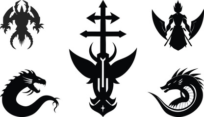 Leviathan Cross Silhouettes Illustration Collection. Symbolic Leviathan Cross Silhouette Art. Dark Leviathan Cross Silhouettes for Design. Mystical Leviathan Cross Silhouettes