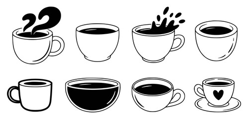 Collection of hand drawn coffee cups in black and white designs