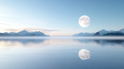 Full Moon Reflection Over Calm Water and Snowy Mountains moon reflection water mountains full moon