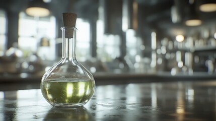 Green liquid in flask, lab counter, blurred industrial background, scientific research