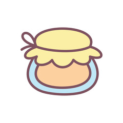 Cute jar of honey icon. Hand drawn illustration of a sweet golden preserve in a closed container. Kawaii sticker. Vector 10 EPS.