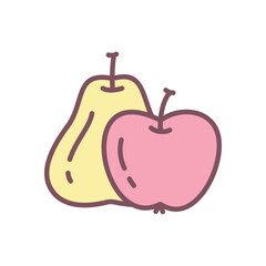 Cute apple and pear icon. Hand drawn illustration of a garden fruits side by side isolated on white background. Kawaii sticker. Vector 10 EPS.

