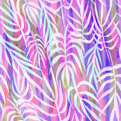 Palm branches seamless tropical pattern on purple watercolor  background