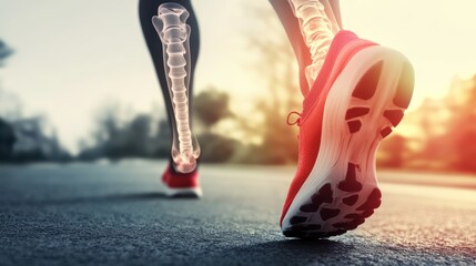 Runner's legs, skeletal overlay, road, sunset, health