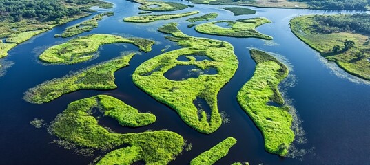 Aerial view of lush green rivers flowing, forming natural patterns and shapes on sunny summer day.
