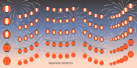 お祭りの赤提灯のイラスト素材セット ベクター 夏 花火 日本