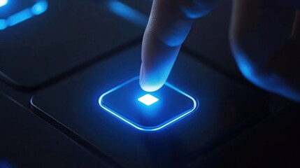 Finger presses glowing blue button on dark laptop keyboard; futuristic background