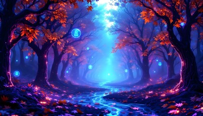 3D cybernetic forest with glowing neon trees made of circuits, floating data orbs, and misty digital atmosphere in electric blue and purple .