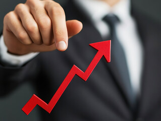 Business professional pointing at a rising graph indicating economic growth and success in a corporate setting