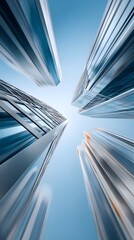 Fototapeta premium Abstract futuristic metropolis with endless mirrored reflections, floating walkways, and transparent buildings, experimental camera angles, long exposure light trails, ultra-modern urban design,