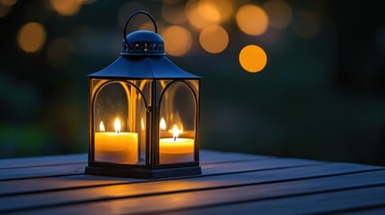 Outdoor candle lantern glows on table, garden bokeh background, romantic ambiance