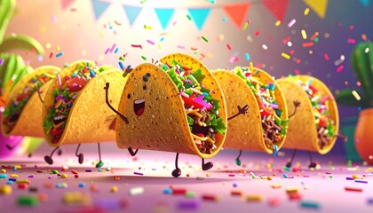 Animated tacos joyfully celebrate under festive garland with colorful confetti