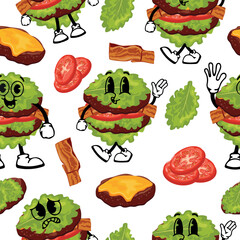 seamless pattern of burger characters with fried patties, bacon and lettuce instead of a bun with various funny faces, Kawaii-style anthropomorphic food