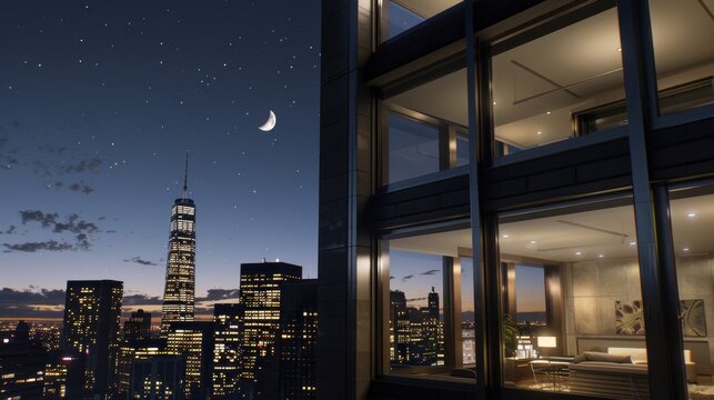 Edificio de lujo en la ciudad nocturna con vista a la luna creciente