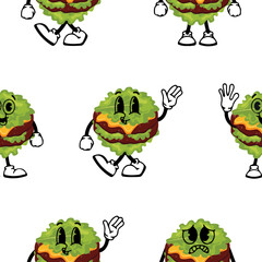 pattern of burger characters with fried patties, cheese and lettuce instead of a bun with various funny faces, Kawaii-style anthropomorphic food