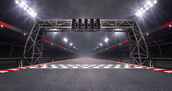 Racing track and checked finish line with steel gate and glowing floodlights illuminated sport stadium at night. Professional 4K video loop for racing sports advertising.