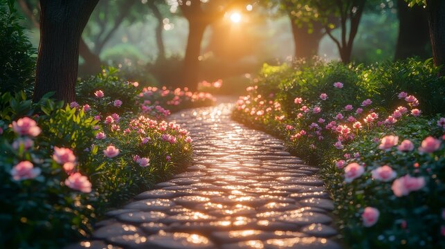 Stone path with pink flowers under golden sunlight through green trees