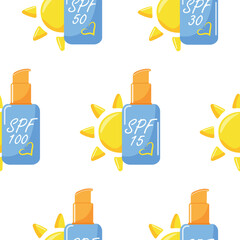 pattern of colored icons of spray sunscreen with different levels of sun protection