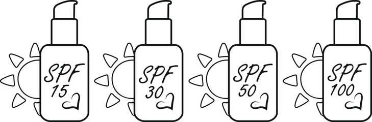 Set of spray sunscreen icons with different levels of sun protection, in line art style