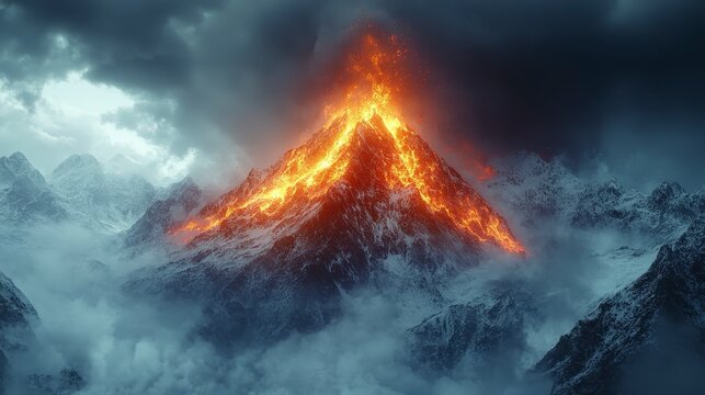 Erupting mountain peak covered in snow and fire under a cloudy sky